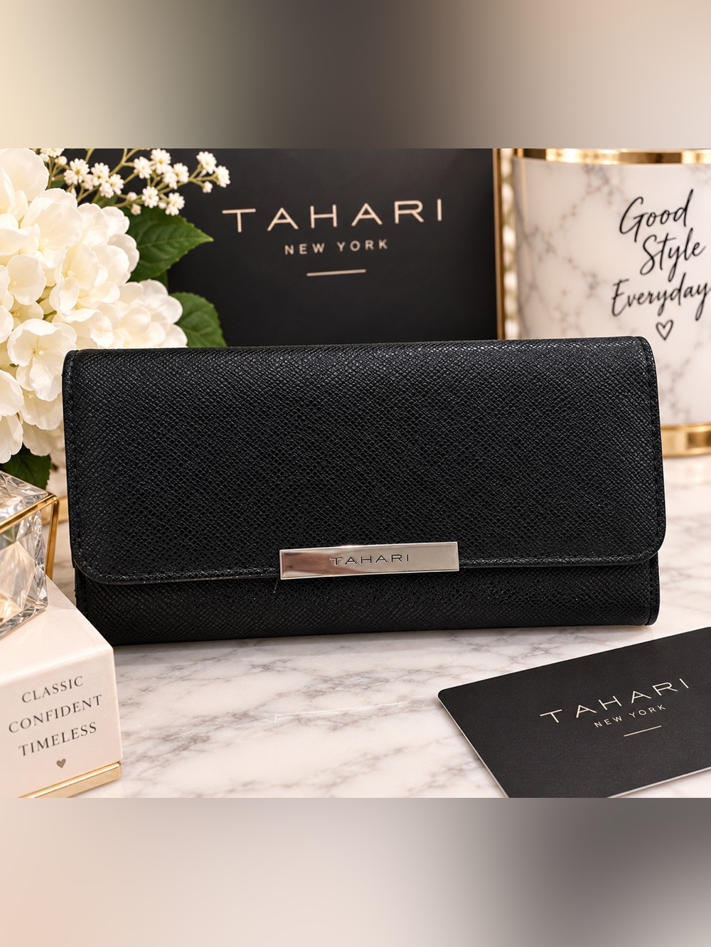 TAHARI Black Saffiano-Style Long Wallet EUC